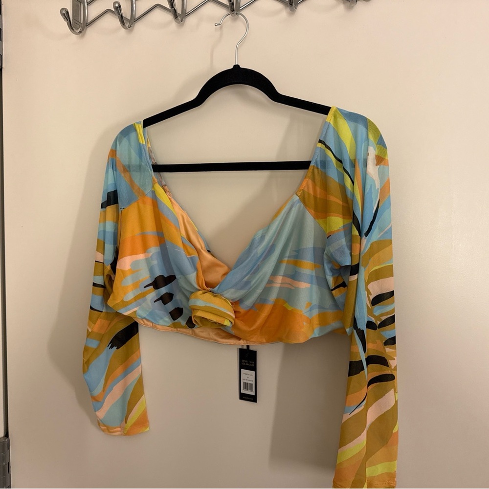 AFRM Blue and Gold Bell Sleeve Crop Blouse